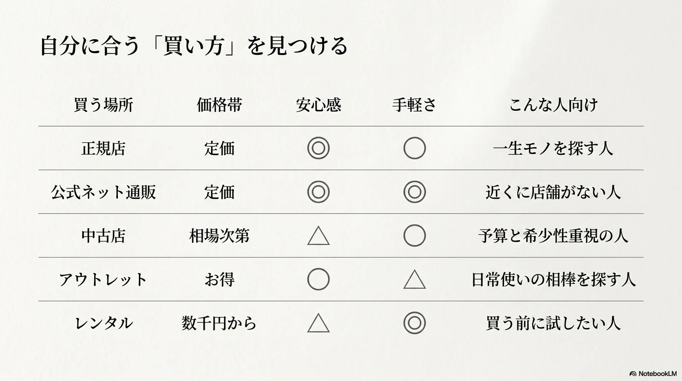 ブランドバッグの買い方を正規店や中古などで比較する表