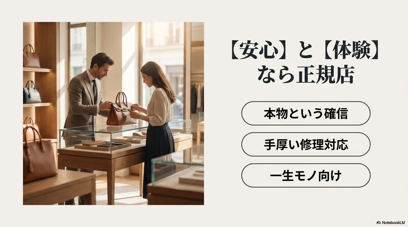 正規店でブランドバッグを買う安心感を示す画像