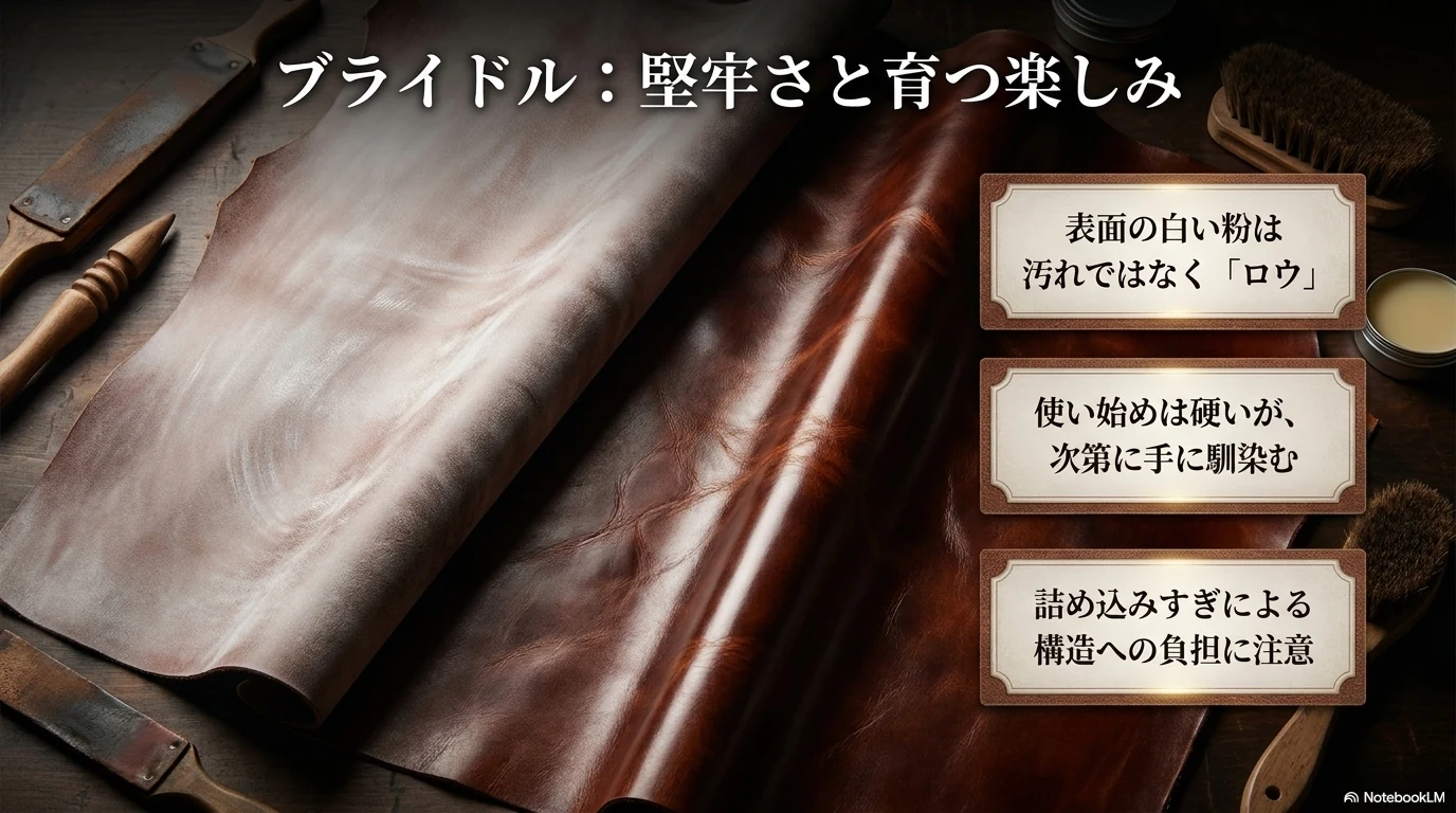 ブライドルレザーの堅牢さと育つ楽しみを解説した図解