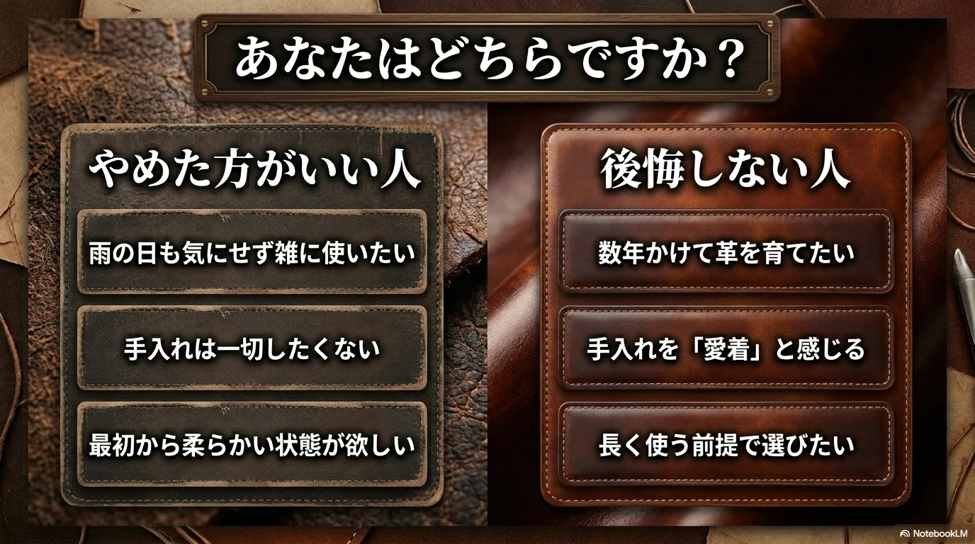 本格革製品をやめた方がいい人と後悔しない人を比較した図解