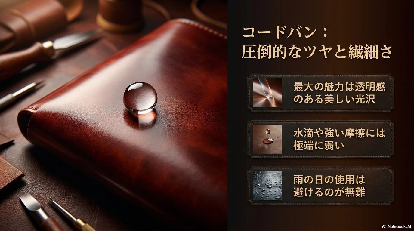 コードバンのツヤと水濡れや摩擦への注意点をまとめた図解