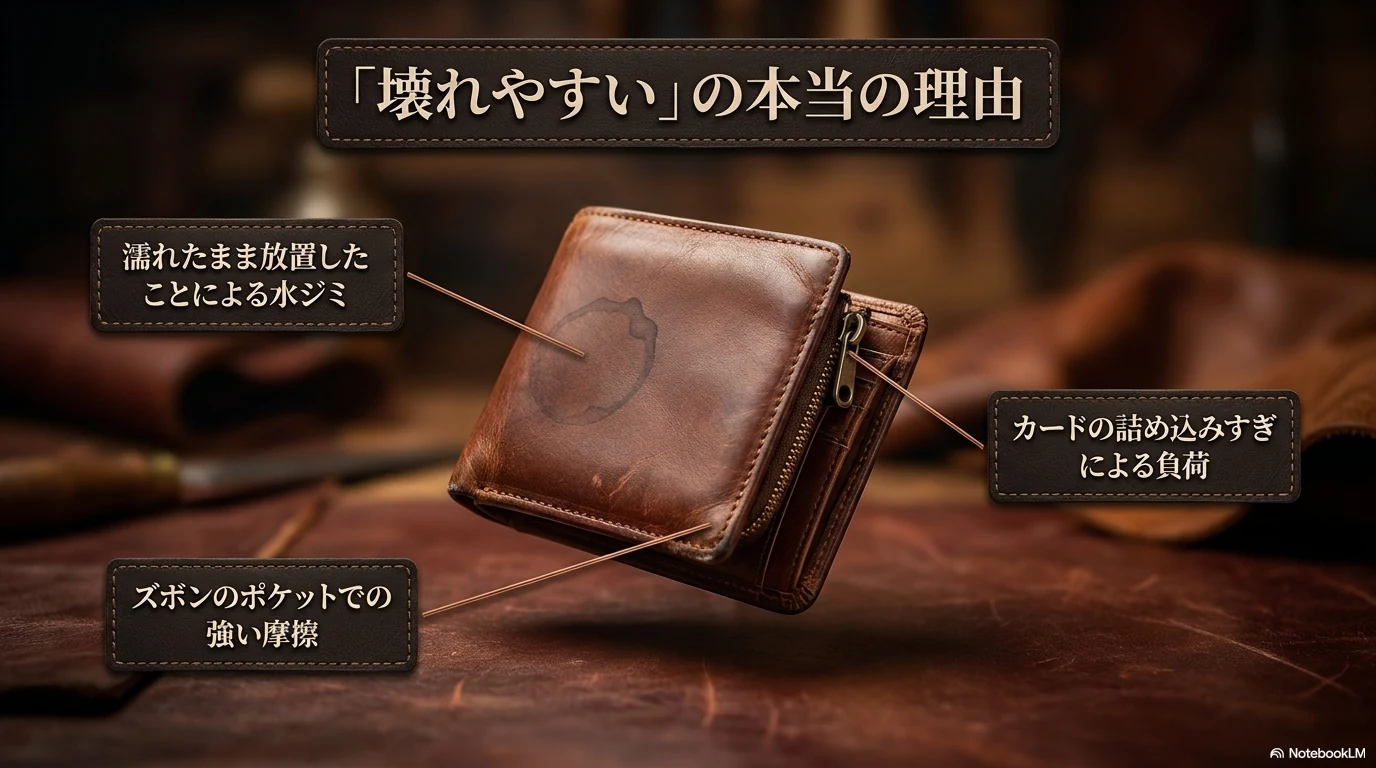 革製品が壊れやすいと感じる理由を水濡れやカードの詰め込みで説明する図解