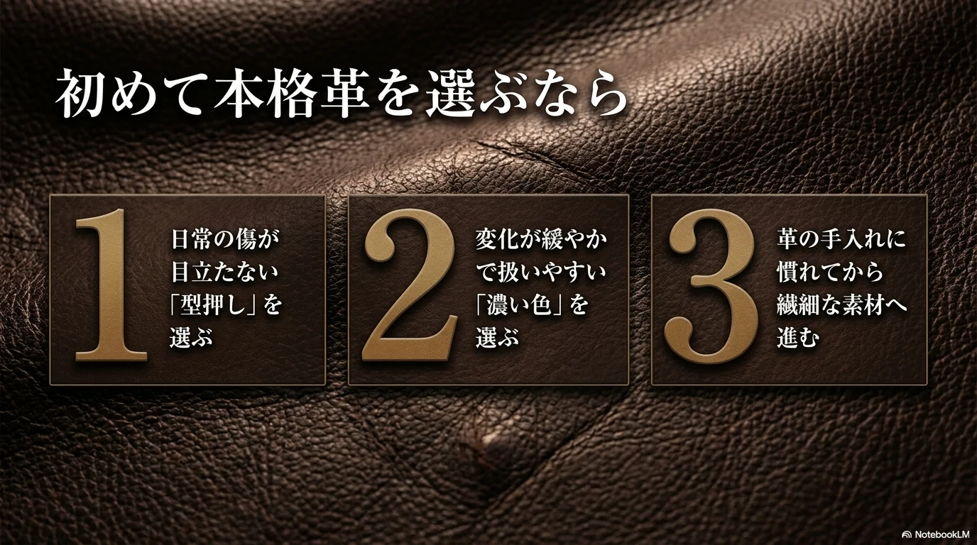 初めて本格革を選ぶときに黒や濃色、扱いやすい素材、使い方を確認する図解