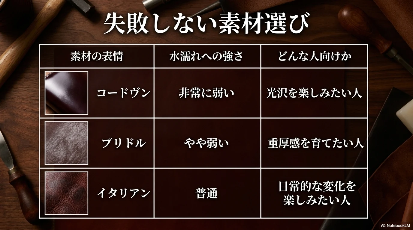 コードバン、ブライドル、イタリアンレザーの特徴と向く人を比較した図解