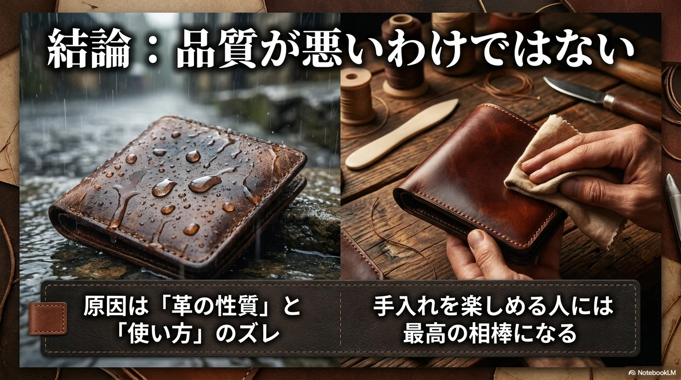 本格革製品は品質が悪いわけではなく使い方との相性が重要だと示す図解