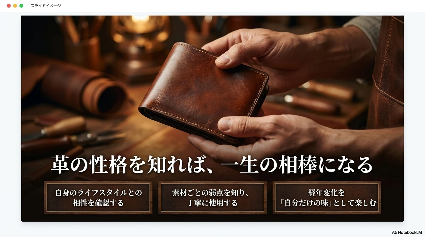 革の性格を知れば本格革製品は一生の相棒になるとまとめた図解