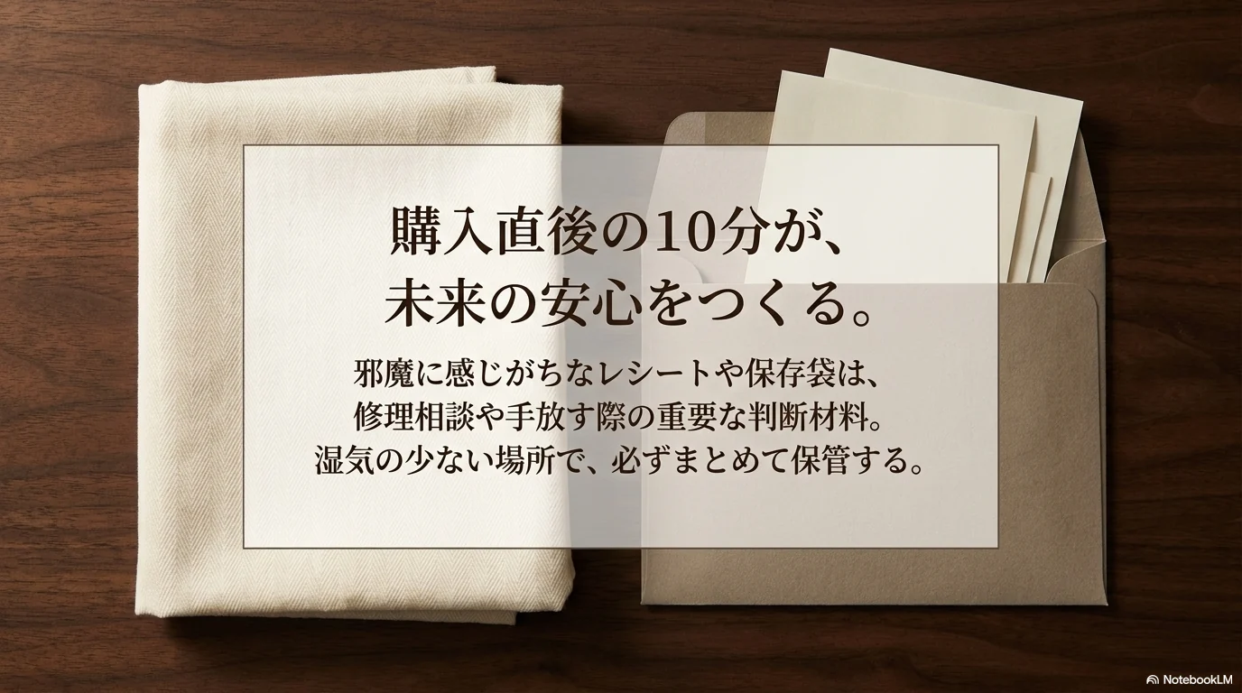 ゴヤール購入後のレシートや保存袋、付属品を保管するイメージ