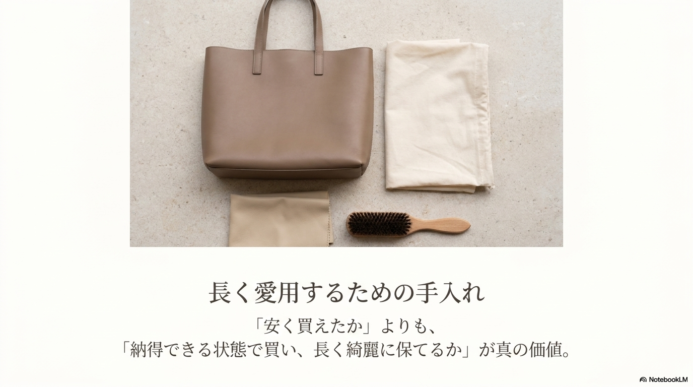 トートバッグと布袋やブラシを並べた保管と手入れのイメージ