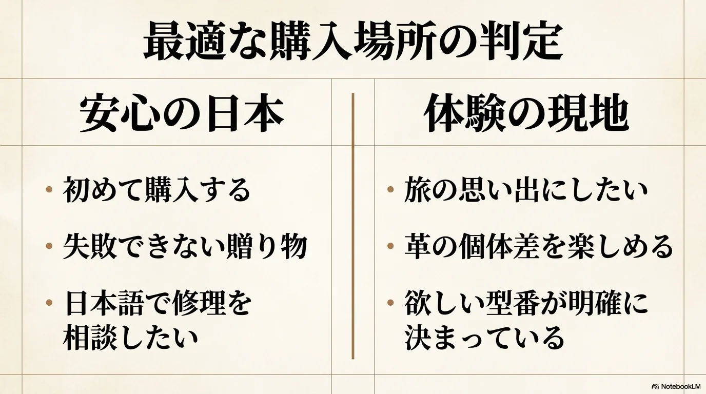 イルビゾンテを日本で買うか現地で買うか判断する図