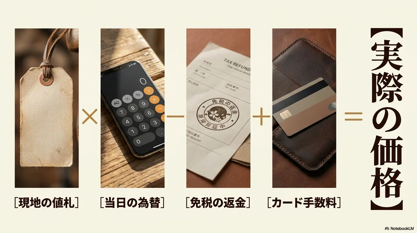 イルビゾンテの現地価格を為替や免税やカード手数料込みで比べる図