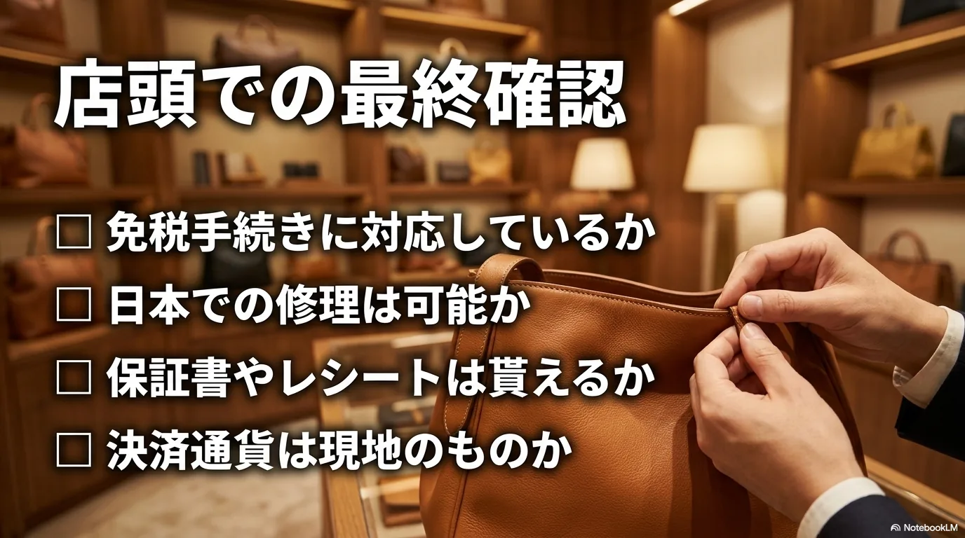 イルビゾンテの現地店舗で免税や修理や保証書を確認する図