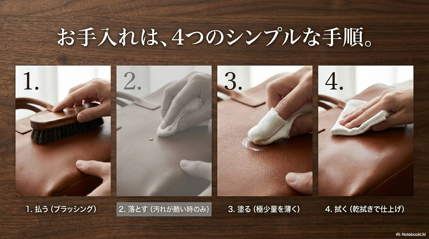 革製品のお手入れを4つの手順で整理したNotebookLMスライド