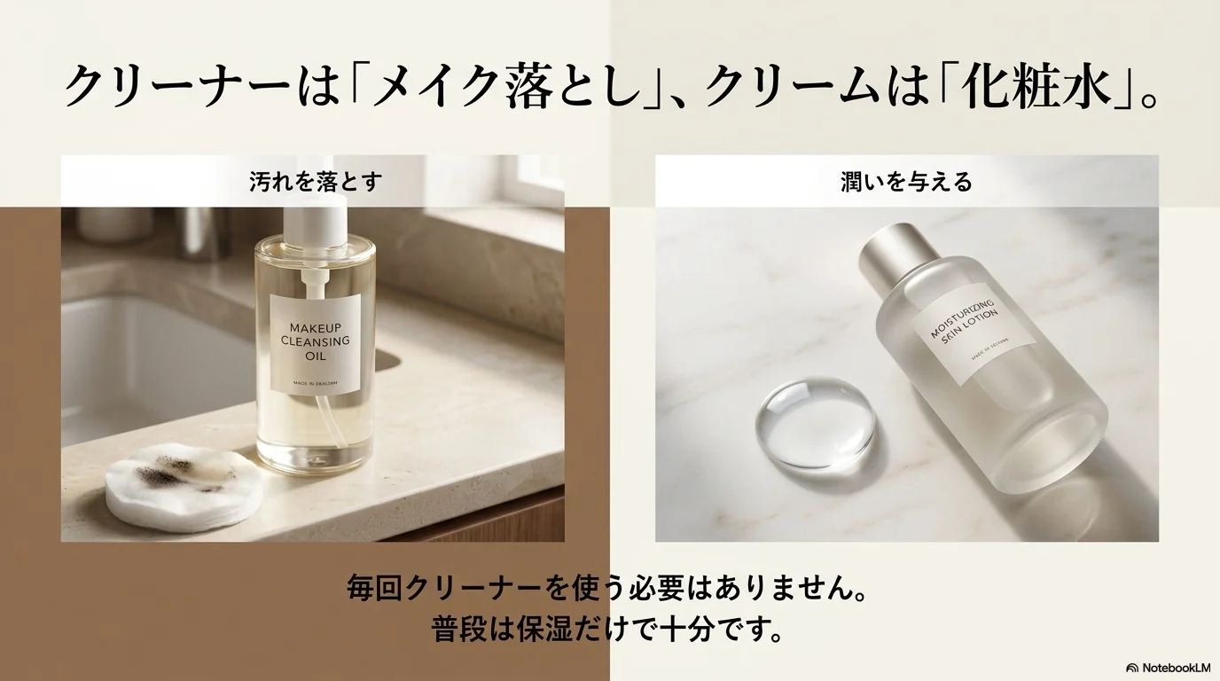 革用クリーナーと革製品用クリームの役割の違いを示す図