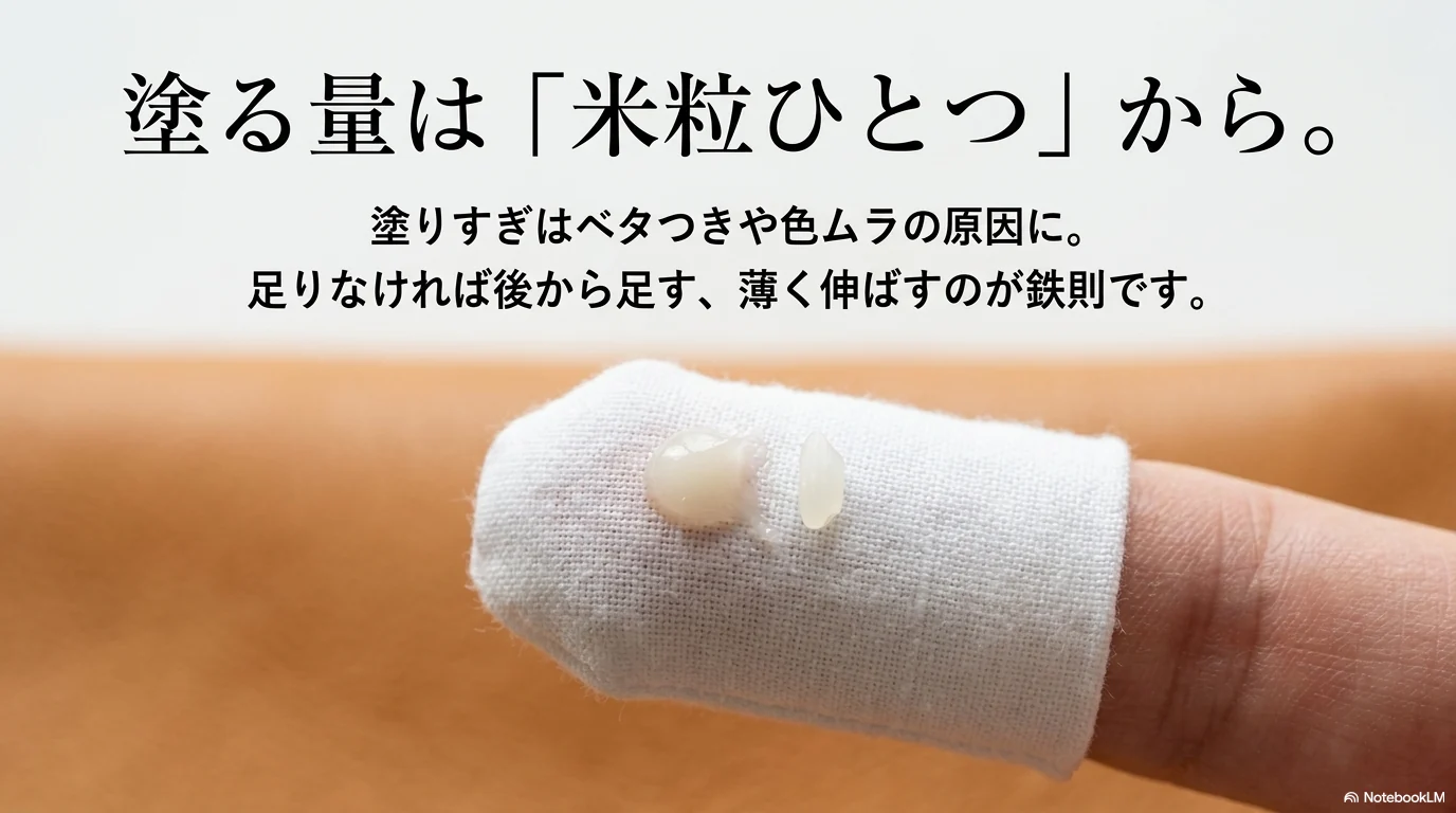 革製品用クリームを米粒ほど少量で薄く伸ばす目安を示す図