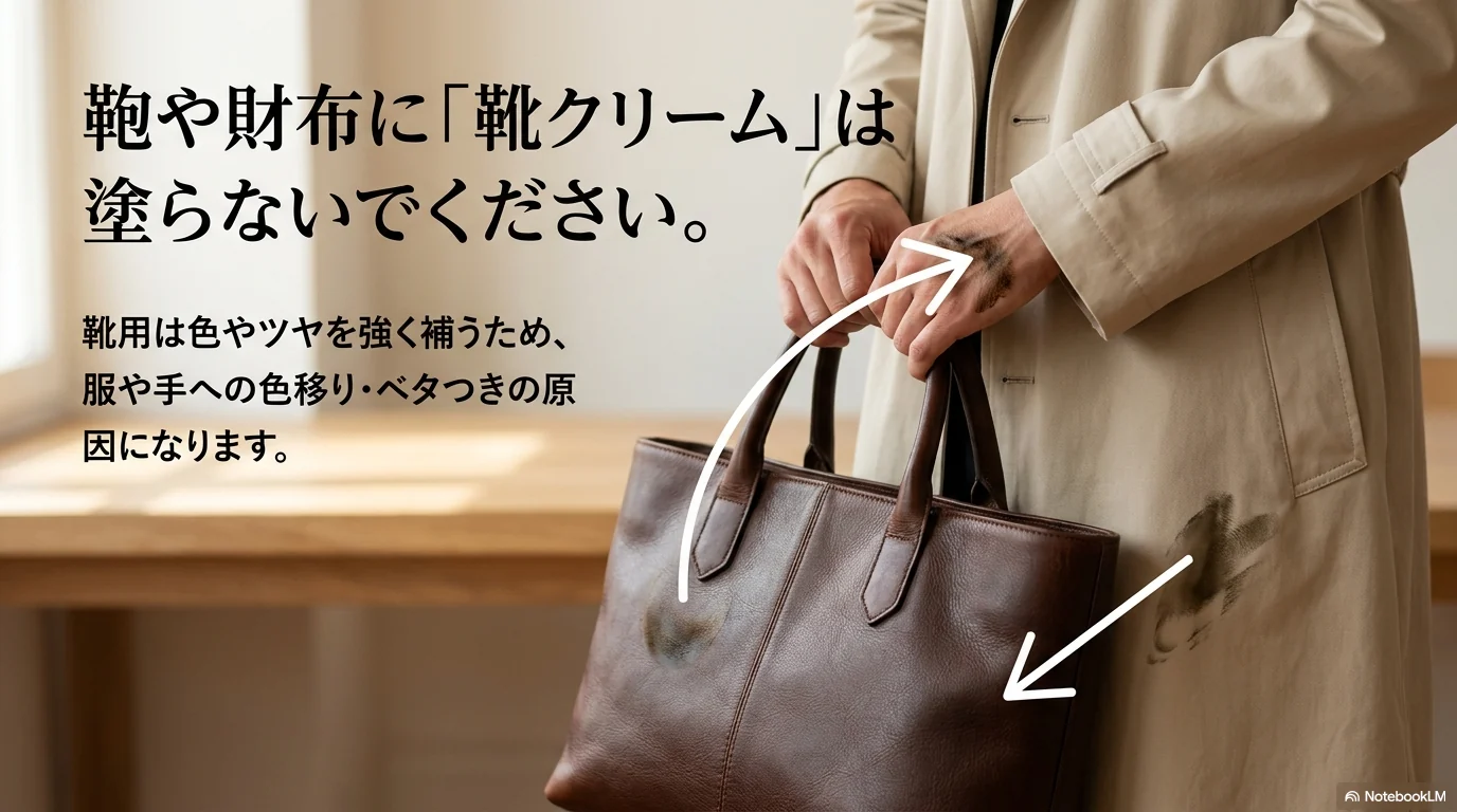靴用クリームをバッグや財布に使うときの色移り注意を示す図