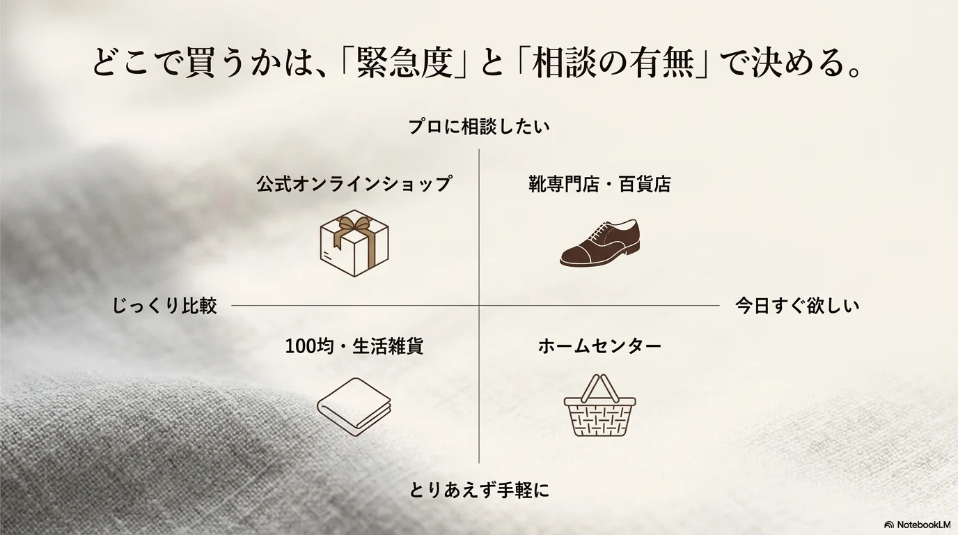 革製品用クリームの購入場所を急ぎ用と相談用に分けて整理した図