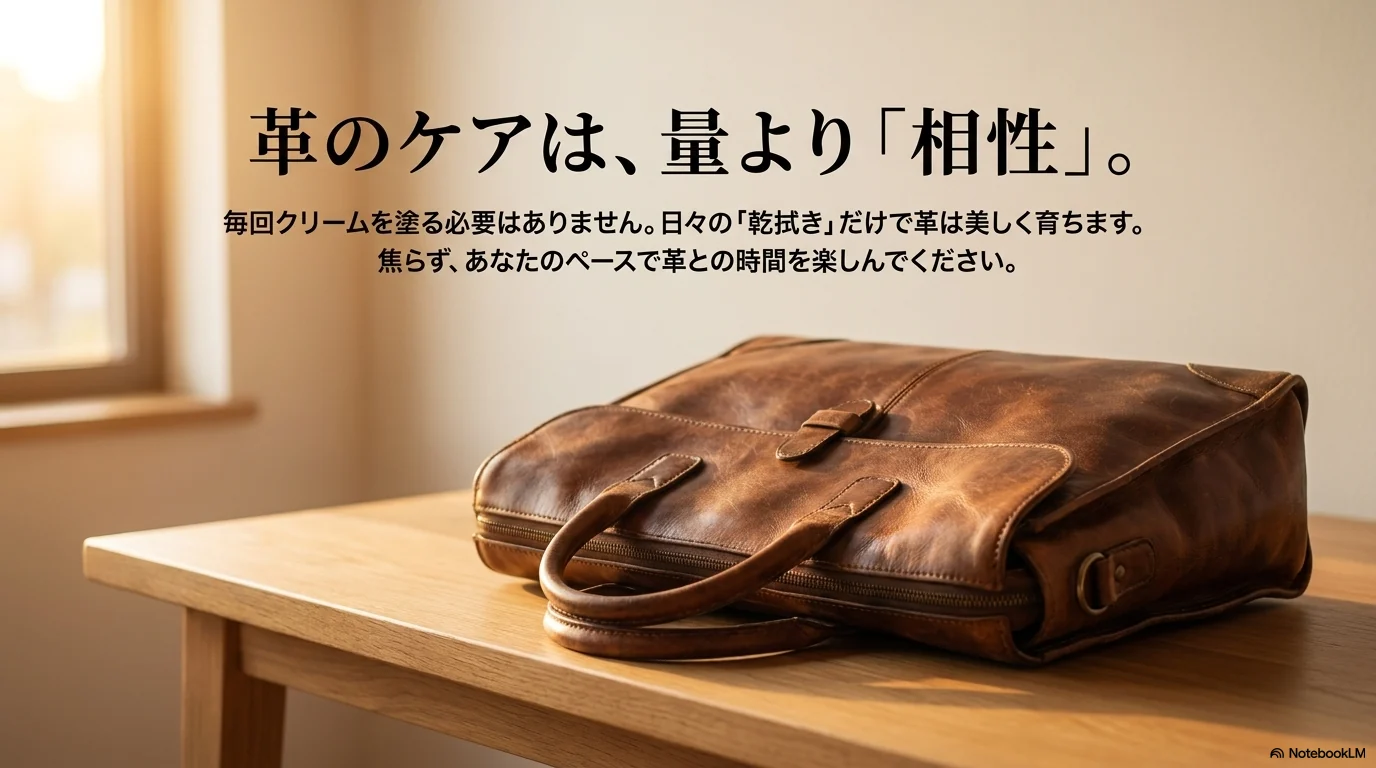 革のケアは量より相性が大切だとまとめたNotebookLMスライド