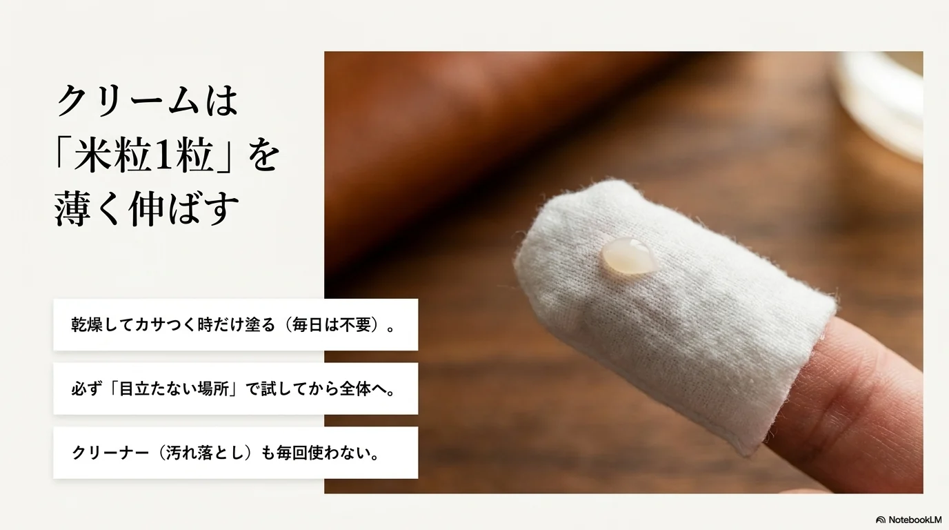 革財布に塗るクリームは米粒1粒を薄く伸ばす