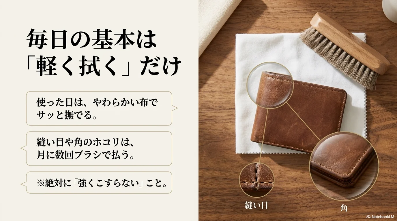 革財布の日常手入れは乾拭きとブラッシングが基本