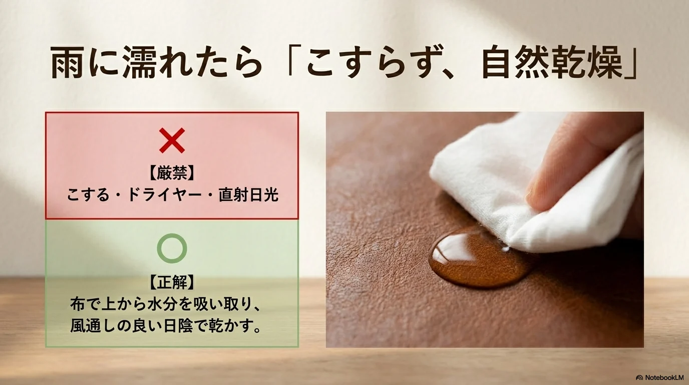 雨に濡れた革財布はこすらず自然乾燥させる
