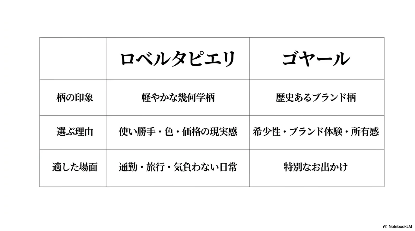 ロベルタ ピエリとゴヤールの違いを表で整理した画像