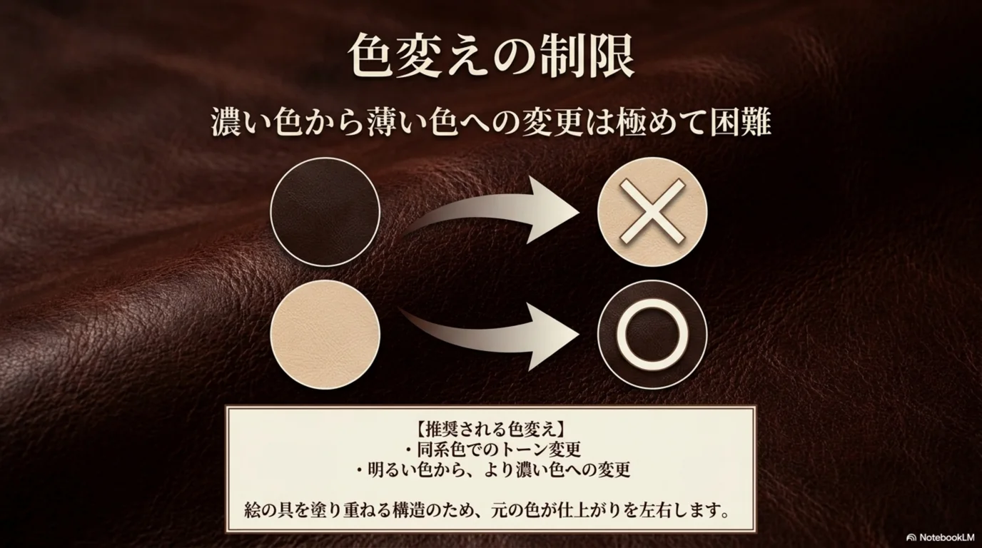 濃い色から薄い色への変更は難しく、同系色のトーン変更が現実的なことを示した図