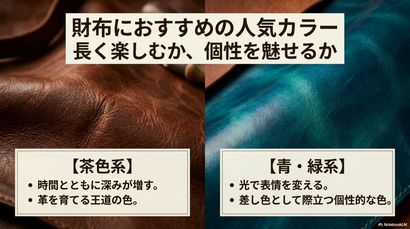 茶色系は深みが増し、青や緑系は個性が際立つという色の傾向を並べた図