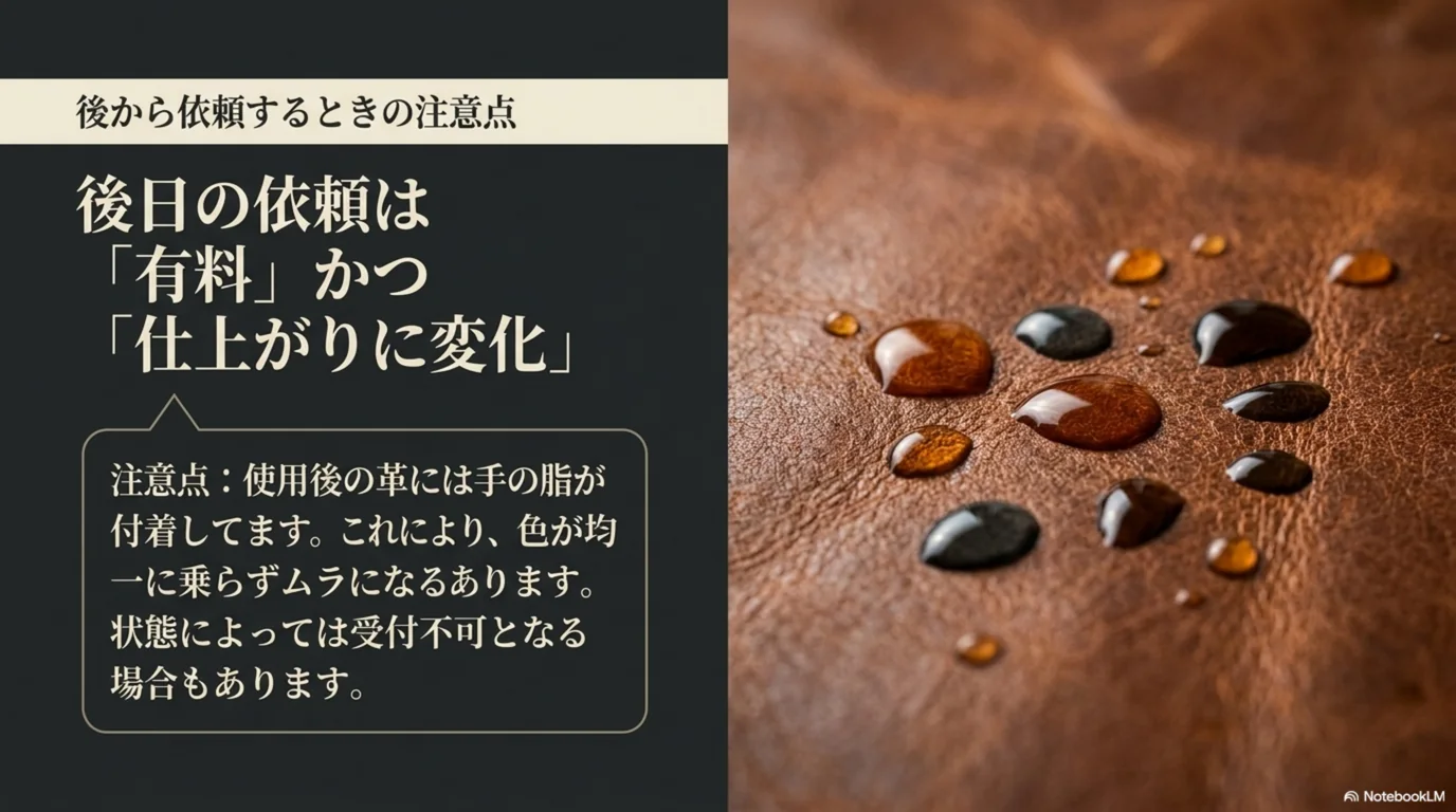 使用後の革は手の脂で色が均一に乗らない場合があることを示した図