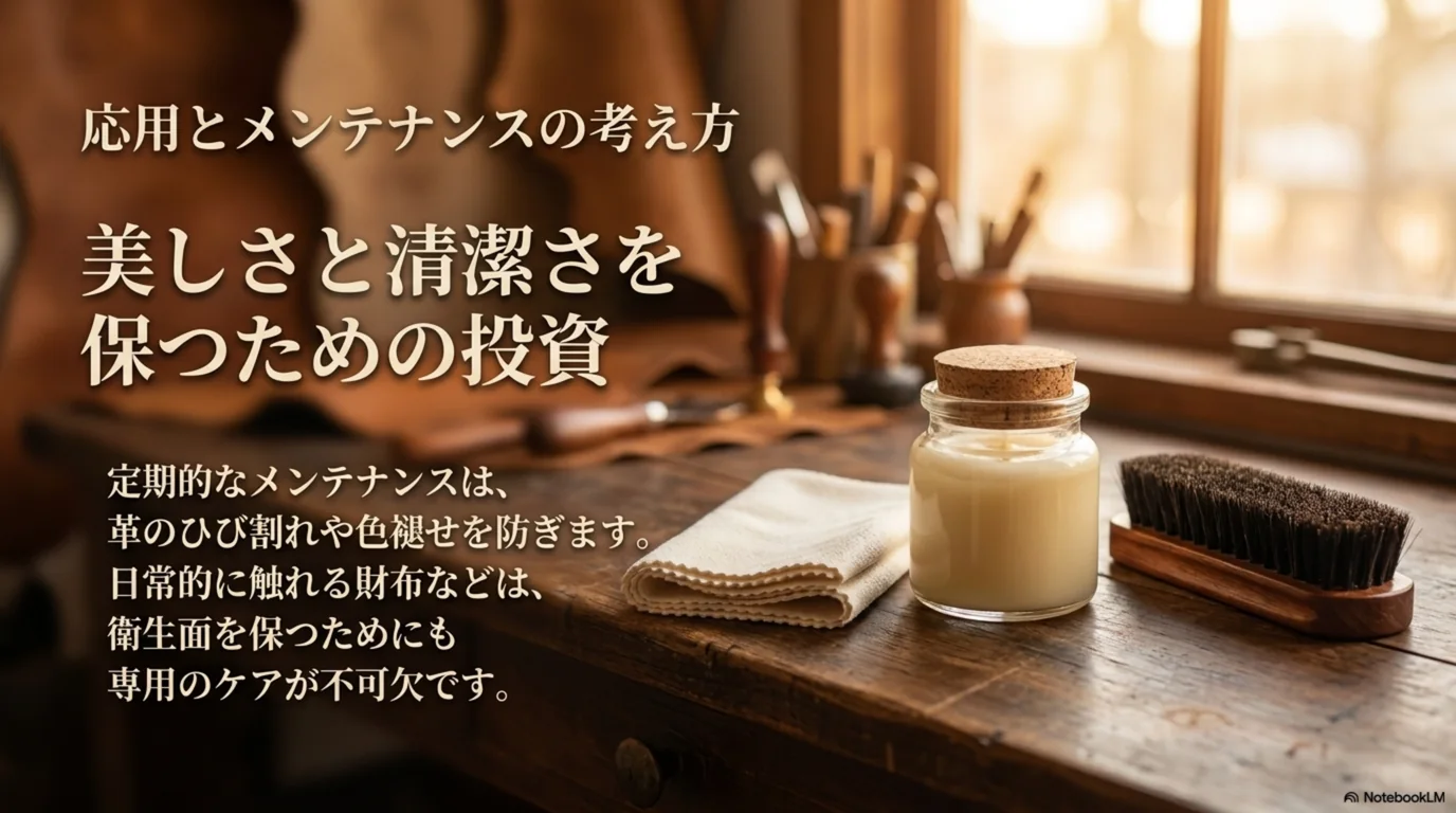 定期的な手入れが革のひび割れや色褪せを防ぐことを示した図