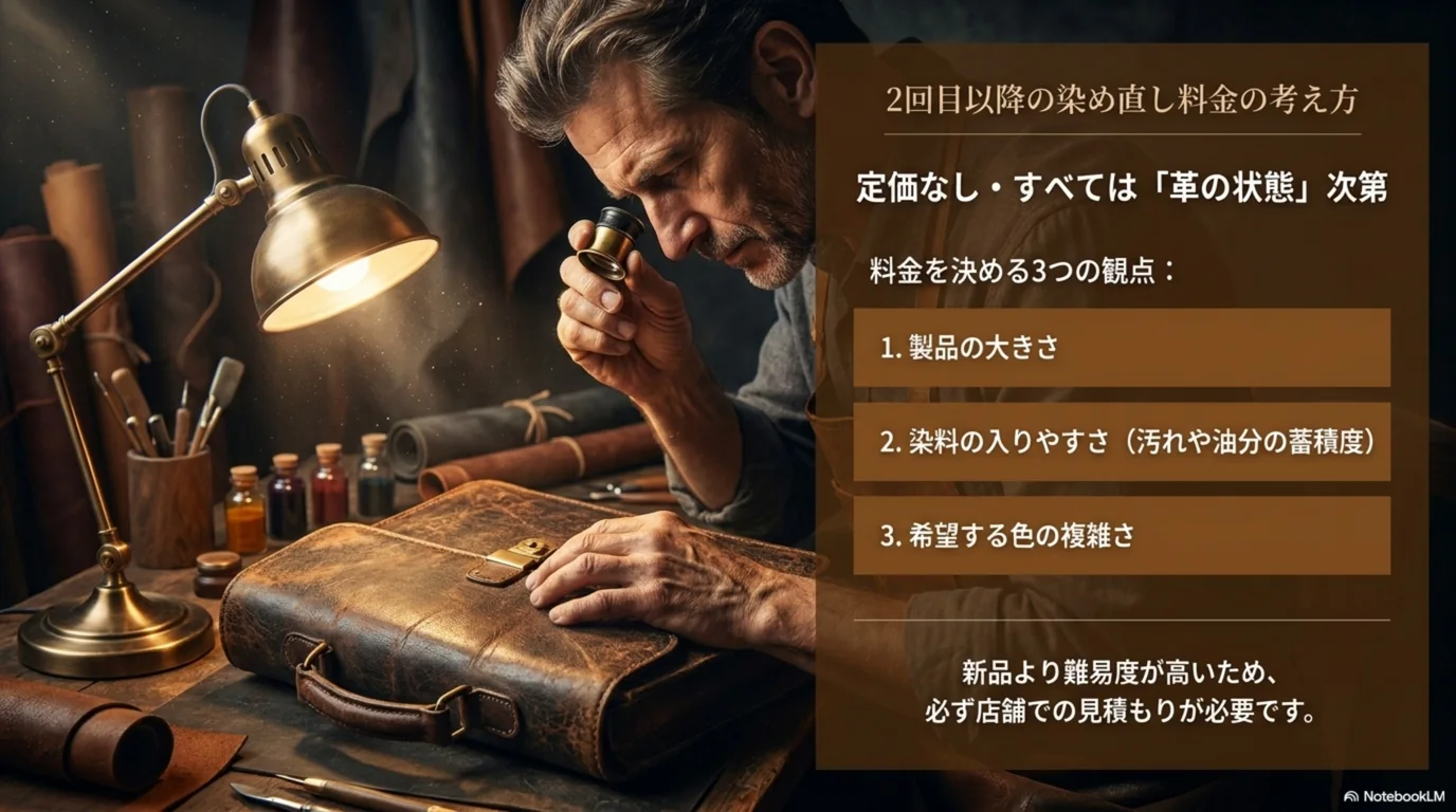 染め直しの料金は製品の大きさ、染料の入りやすさ、希望する色で決まることを示した図