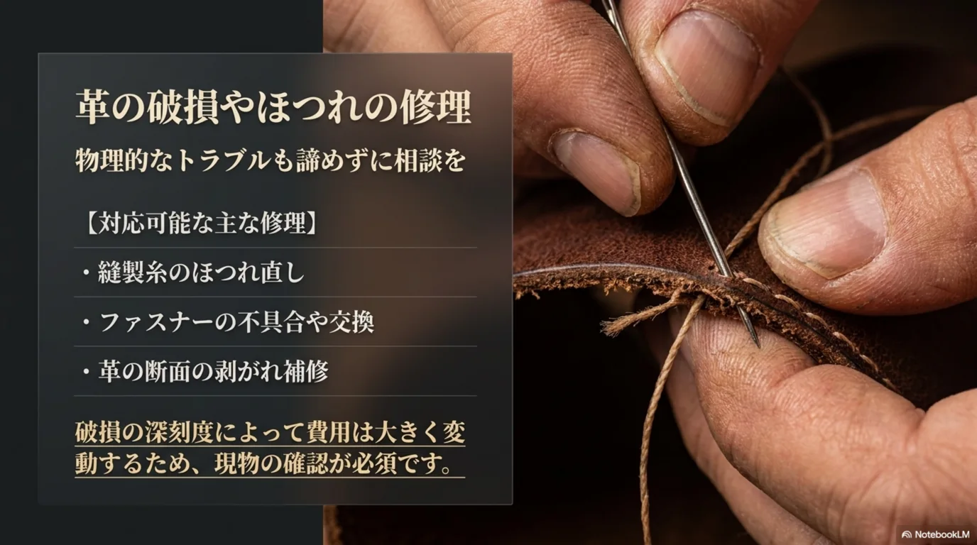縫製糸のほつれ直しやファスナー交換など対応できる修理の例を示した図