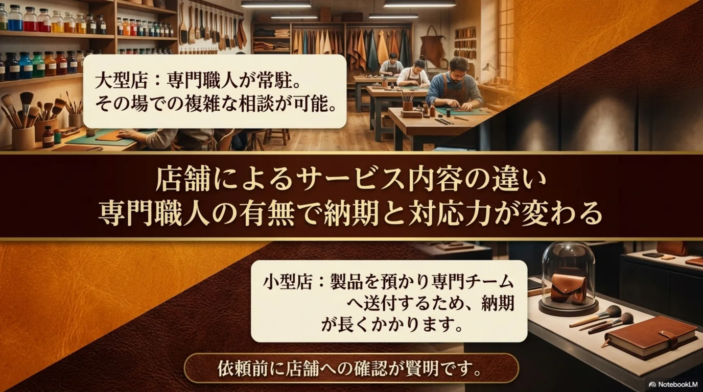 専門職人が常駐する大型店と、預かりになる小型店の違いを示した図
