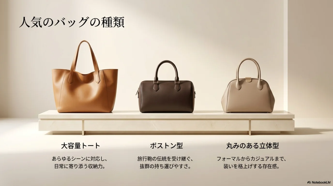 大容量トート、ボストン型、丸みのある立体型というバッグの形の違いを並べた図