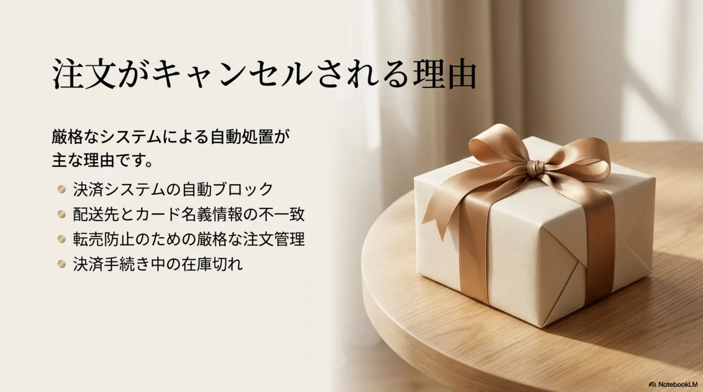 配送先とカード名義の不一致や転売防止の管理など、自動処理される理由を示した図