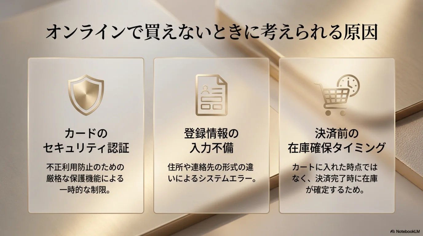 カードのセキュリティ認証、登録情報の入力不備、決済前の在庫確保という3つの原因を並べた図