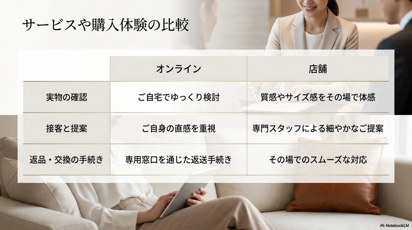 実物の確認、接客と提案、返品や交換の手続きをオンラインと店舗で比べた表