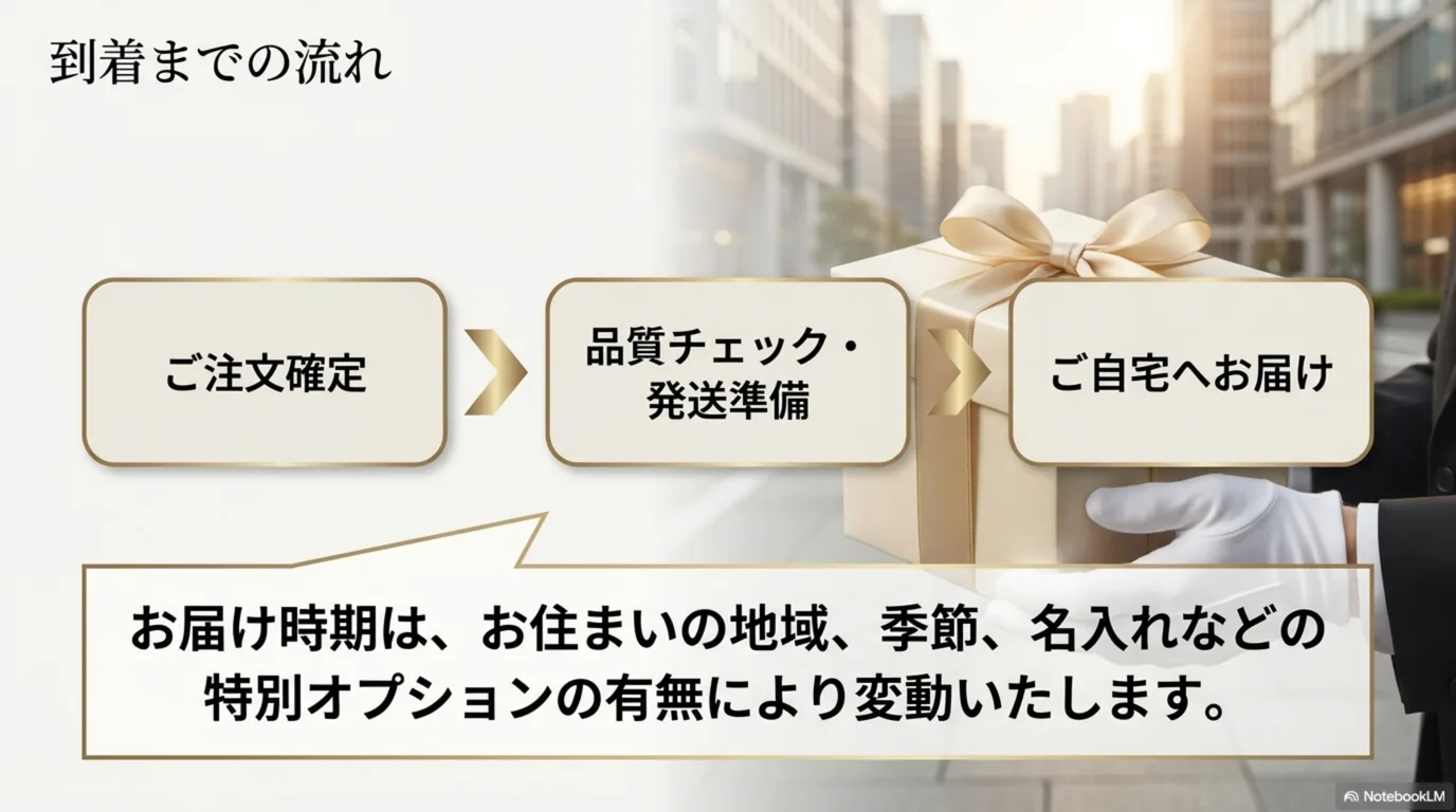 注文確定から品質チェック、発送準備、自宅への配送までの流れを示した図