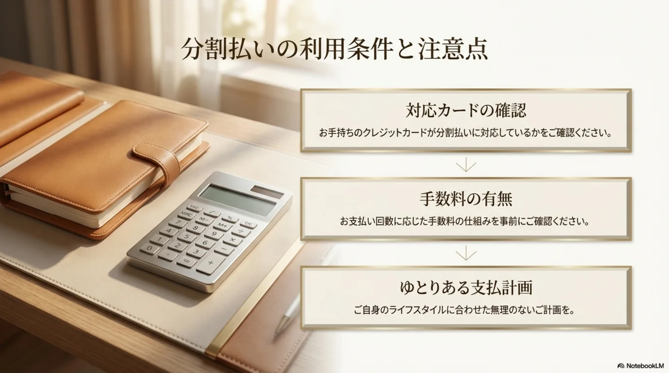 対応カードの確認、手数料の有無、支払い計画という確認の順番を示した図