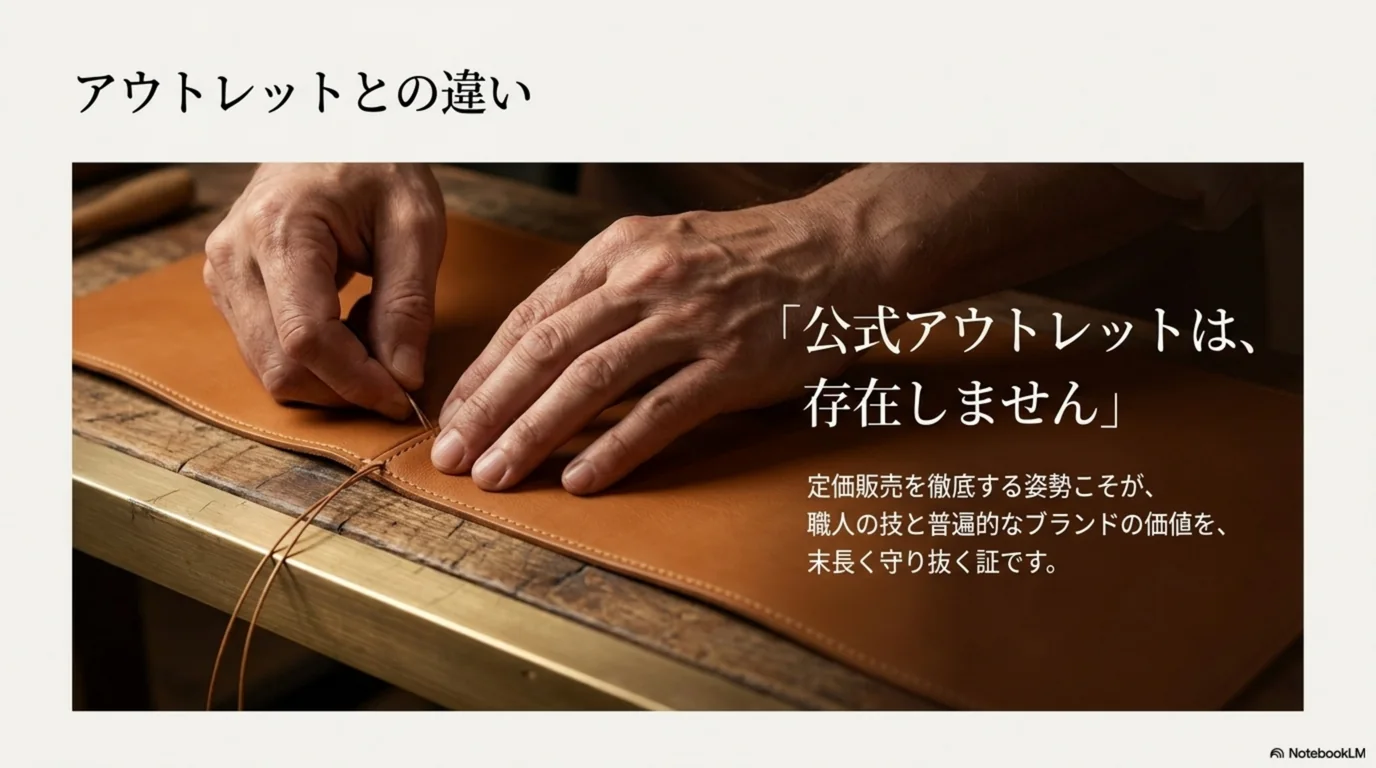 公式のアウトレットは存在せず定価販売を貫いていることを示した図