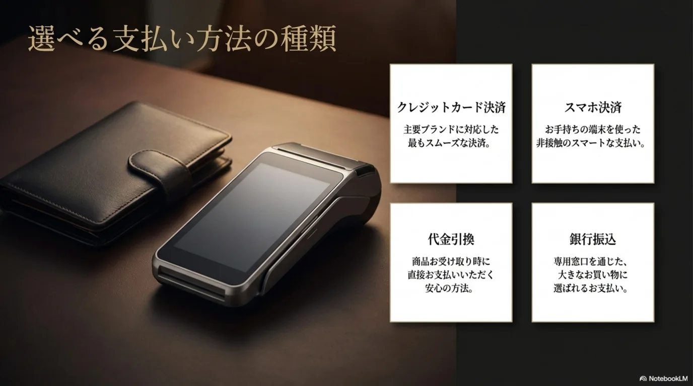 クレジットカード決済、スマホ決済、代金引換、銀行振込という支払い手段を並べた図
