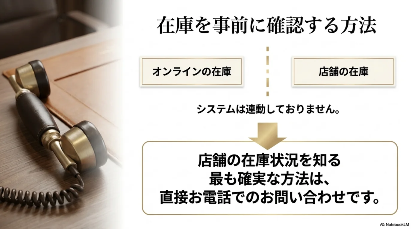 オンラインと店舗の在庫は連動しておらず、店舗へ電話で問い合わせるのが確実だと示した図