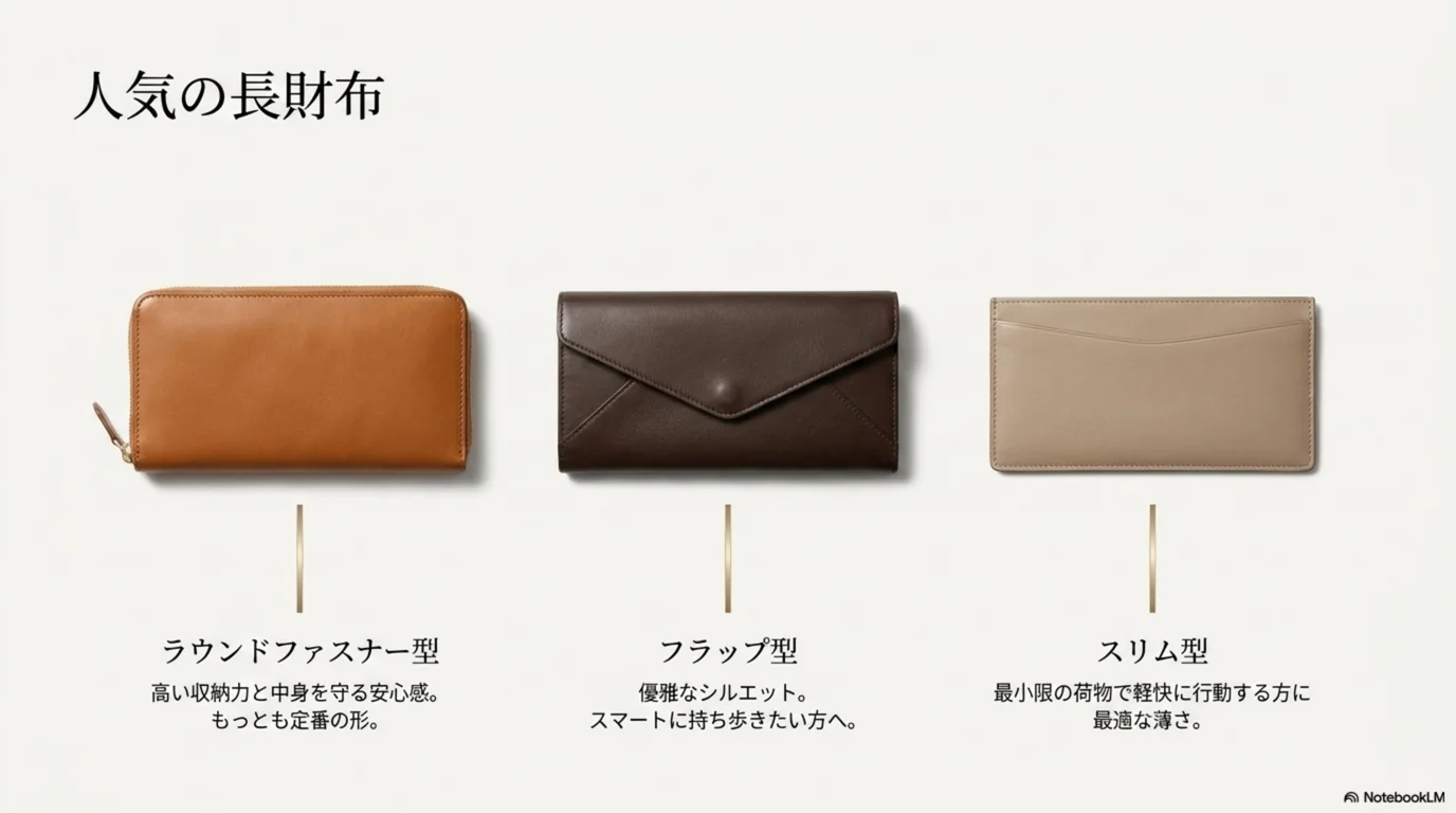 ラウンドファスナー型、フラップ型、スリム型という長財布の形の違いを並べた図