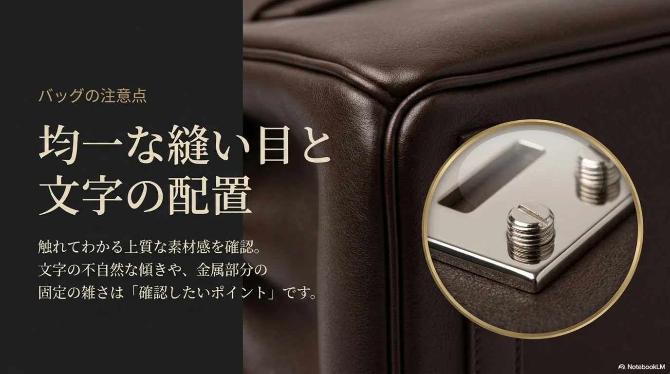 バッグは縫い目の均一さと文字の配置、金具の固定を見る確認点の図