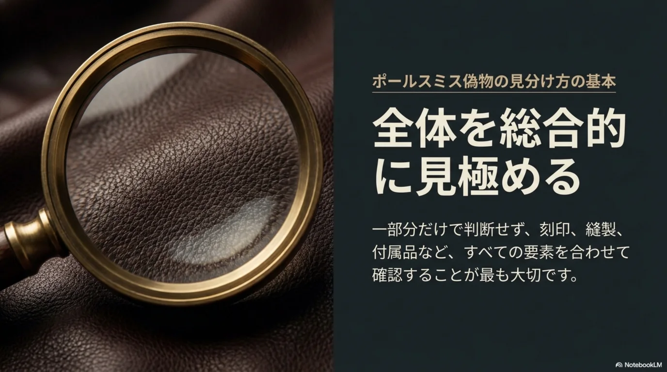 刻印や縫製など一部だけで判断せず、全体を合わせて確認する考え方を示した図