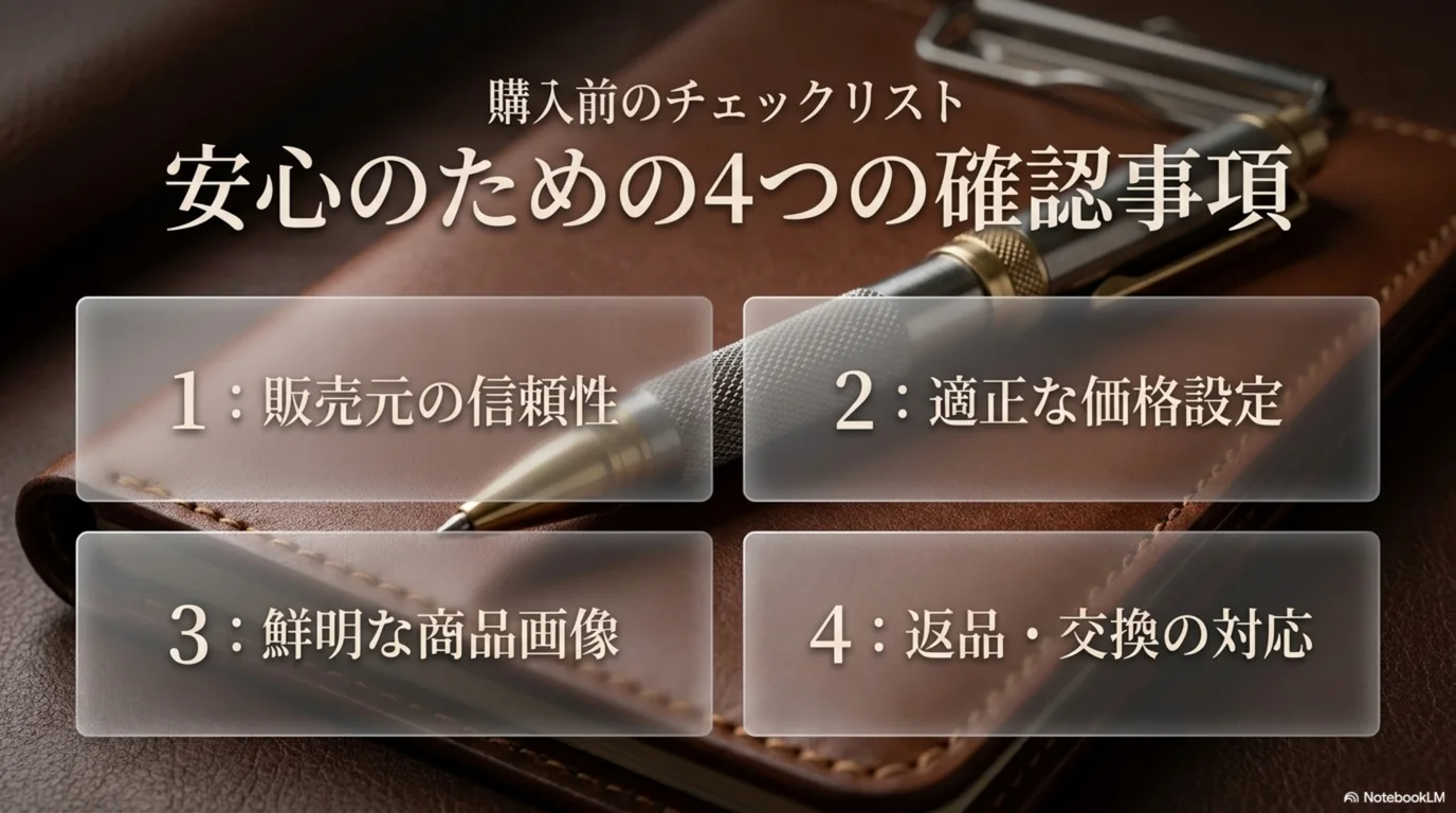 販売元の信頼性、価格、商品画像、返品対応の4点をまとめた確認リストの図