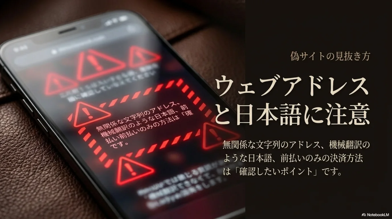 通販サイトのアドレスや日本語の不自然さ、支払い方法を確認する注意点の図