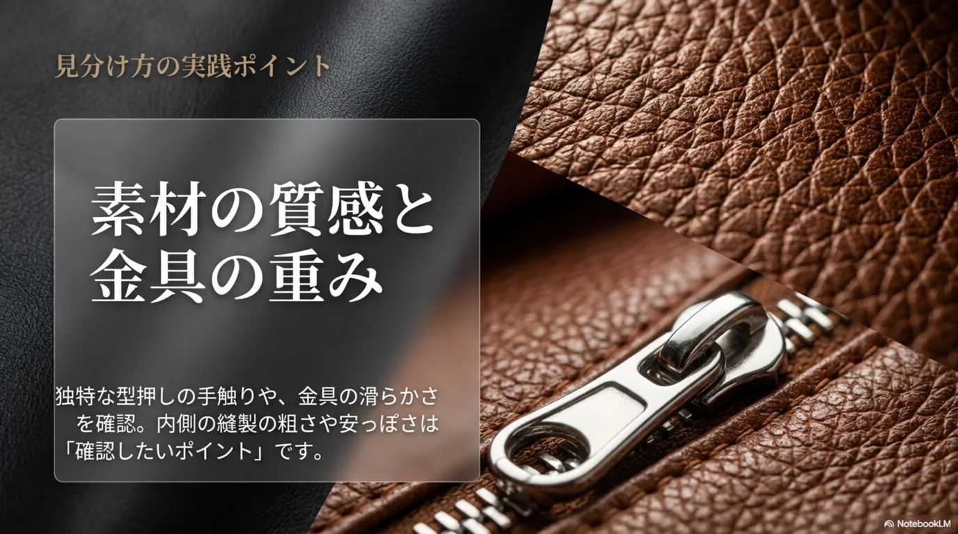 革の質感と金具の重さや滑らかさを手で確かめる確認点の図