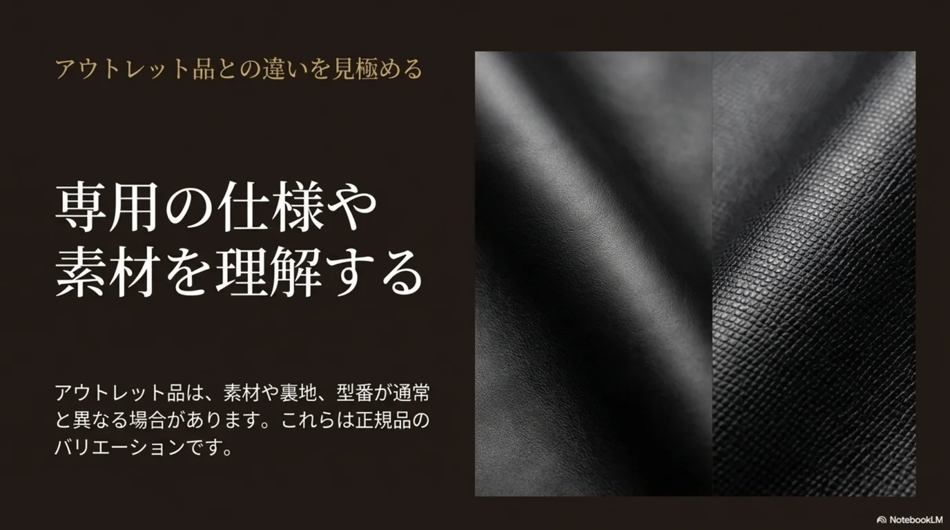 アウトレット品は素材や裏地、型番が通常と異なる場合があることを示した図
