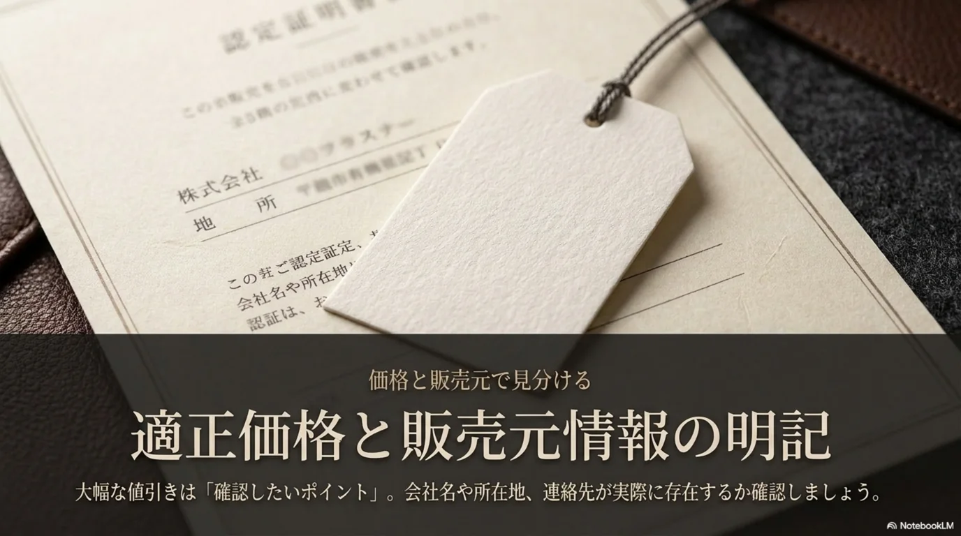 大幅な値引きや販売元情報の記載を確認する視点を示した図