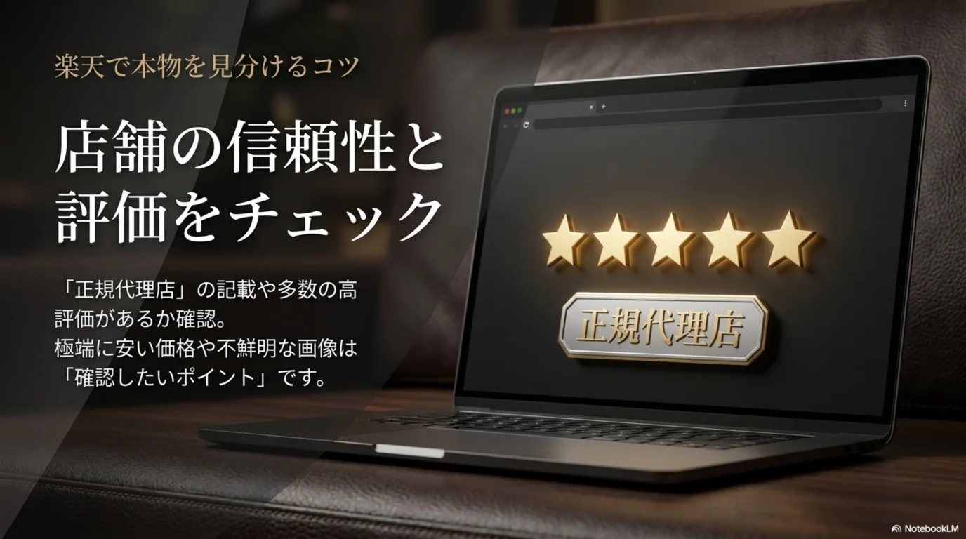 通販では出店者の情報と評価を確認する手順を示した図
